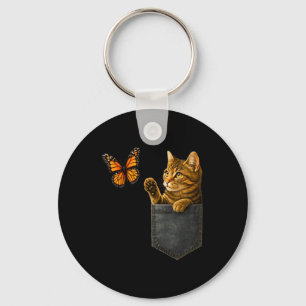 Funny Cat Playing With Butterfly Cat In Pocket Keychain