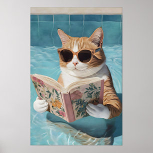 Funny Cat Pool Party Poster Bathroom Wall Art (No