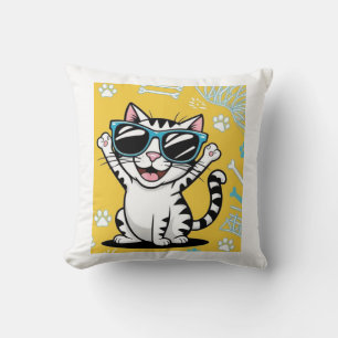 Funny Cat Poster, Cartoon cat wearing sunglasses  Throw Pillow