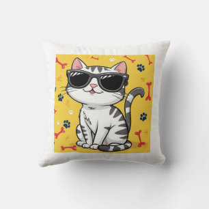 Funny Cat Poster, Cartoon cat wearing sunglasses  Throw Pillow