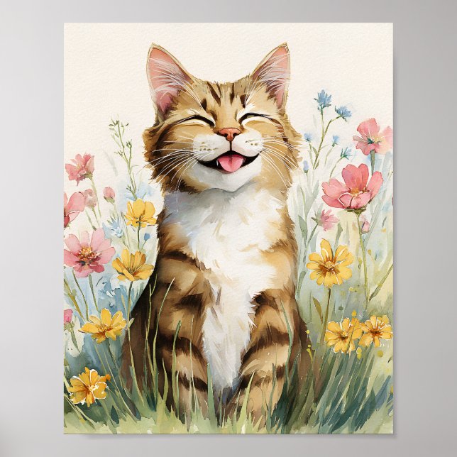 Funny Cat Poster - Cute Smiling Tabby Cat Wall Art (Front)