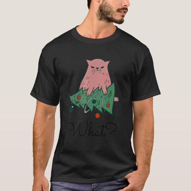 Funny Cat Pulling Over Christmas Tree T-Shirt (Front)