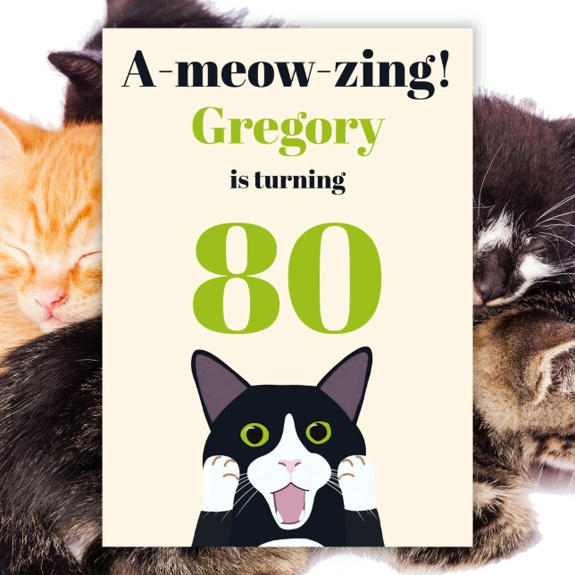Funny cat pun 80th birthday party invitation (Creator Uploaded)