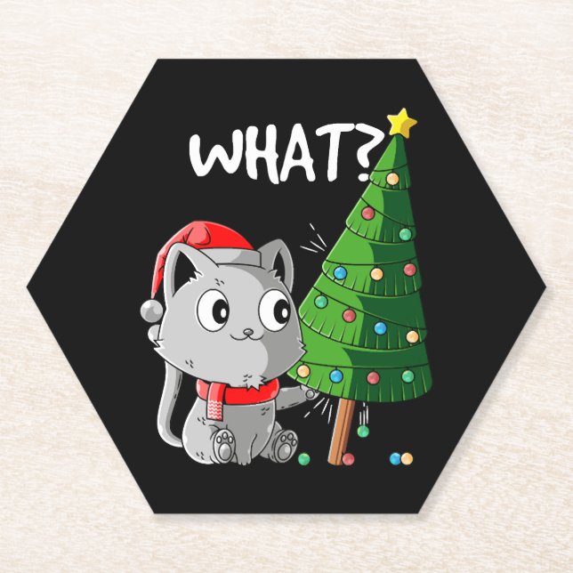 Funny Cat Pushing Christmas Tree Over Cat What Chr Paper Coaster (Front)