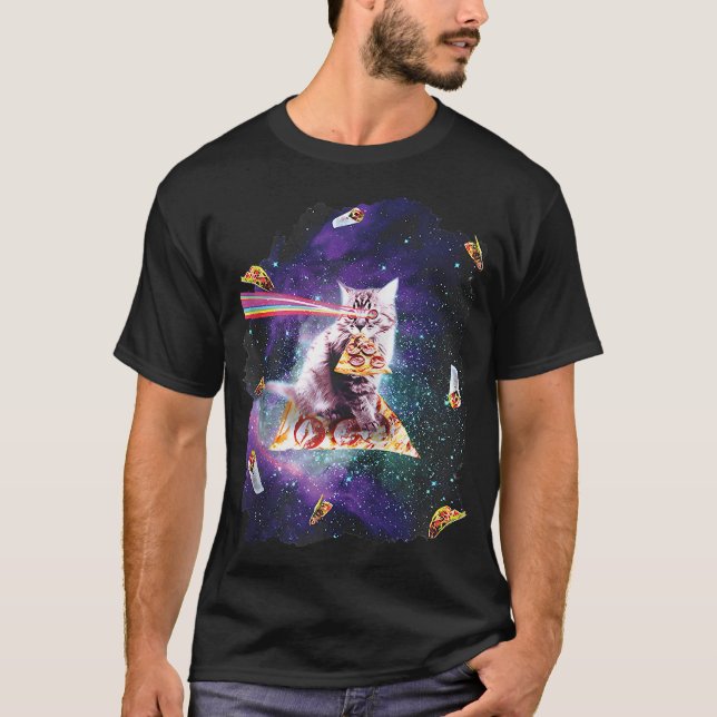 Funny Cat Rainbow Laser Eyes Riding Pizza Astronau T-Shirt (Front)