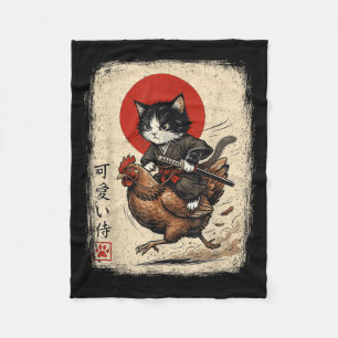 Funny Cat Riding Chicken Japanese Samurai Cat Fleece Blanket
