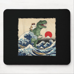 Funny Cat Riding Dinosaur Cool Cat In Sungles Wave Mouse Pad