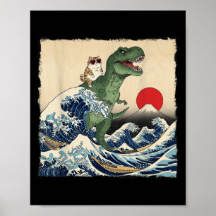 Funny Cat Riding Dinosaur Cool Cat In Sungles Wave Poster