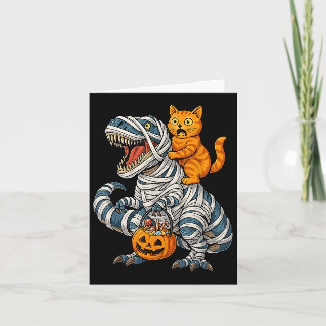 Funny Cat Riding Mummy Dinosaur T-rex Halloween Pu Card (Front)