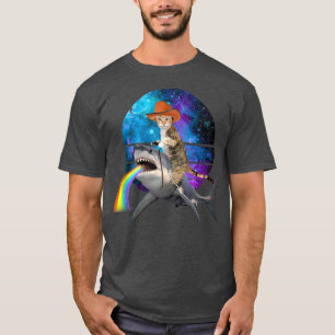 Funny Cat Riding Shark Puking Rainbow Galaxy Space T-Shirt