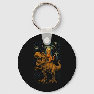 Funny Cat Riding T-rex Dinosaur Graphic  Keychain
