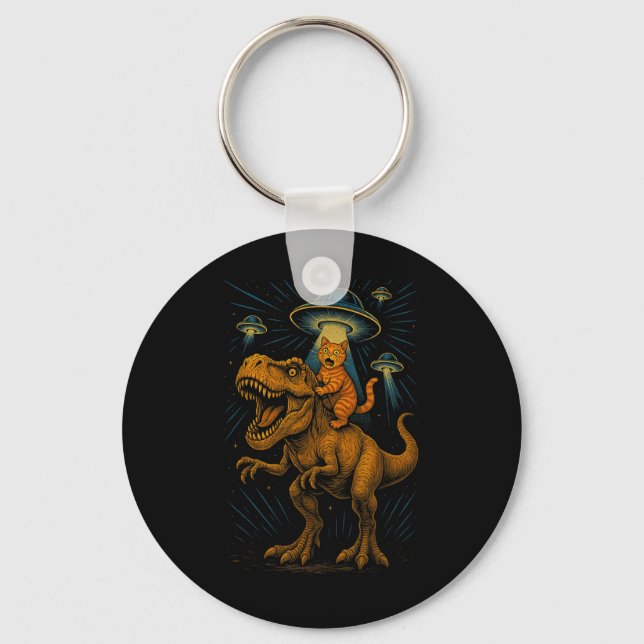 Funny Cat Riding T-rex Dinosaur Graphic  Keychain (Front)