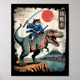 Funny cat riding t rex japanese ukiyo-e art samura poster