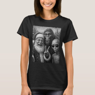Funny Cat Santa Bigfoot Alien Christmas Selfie Tee