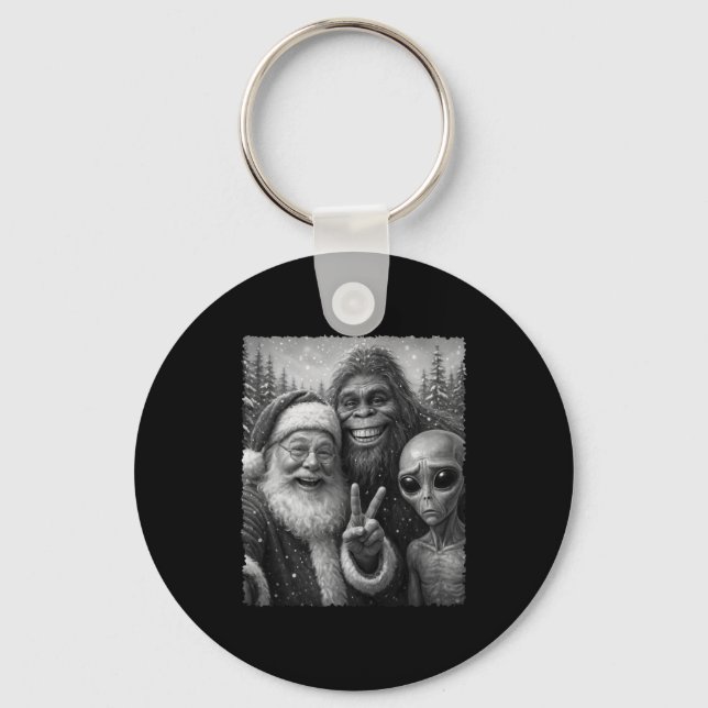 Funny Cat Santa Bigfoot Alien Christmas Selfie Tee Keychain (Front)