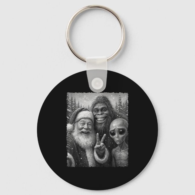 Funny Cat Santa Bigfoot Alien Christmas Selfie Tee Keychain (Front)