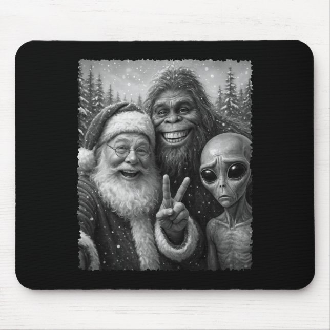 Funny Cat Santa Bigfoot Alien Christmas Selfie Tee Mouse Pad (Front)