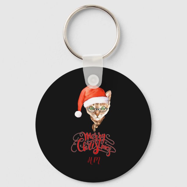 Funny Cat Santa Winter Merry Christmas T Shirt  Keychain (Front)