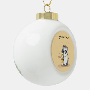 Funny Cat Saxophone Player Jazz  Ceramic Ball Christmas Ornament
