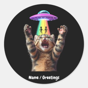 Funny Cat Selfie Alien UFO Hilarious Customizable Classic Round Sticker