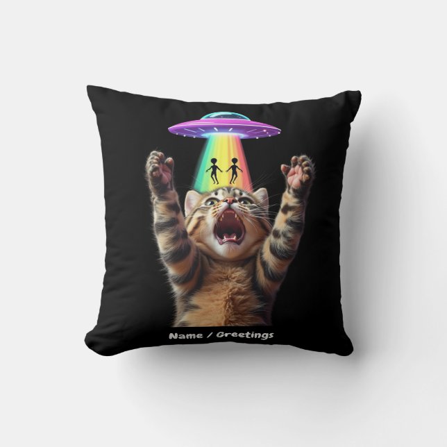 Funny Cat Selfie Alien UFO Hilarious Customizable Throw Pillow (Front)