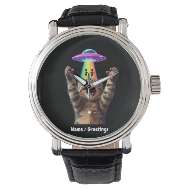Funny Cat Selfie Alien UFO Hilarious Customizable Watch (Front)