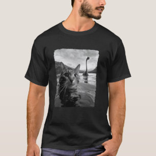 Funny Cat Selfie Dinosaur Lake Monster Photo White T-Shirt
