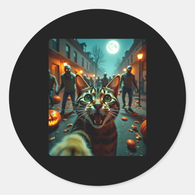Funny Cat Selfie Halloween Zombies Humor  Classic Round Sticker (Front)