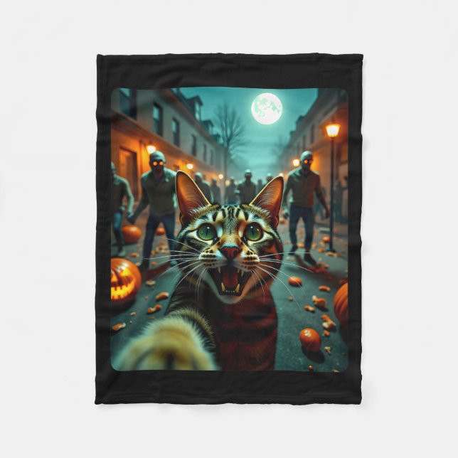 Funny Cat Selfie Halloween Zombies Humor  Fleece Blanket (Front)