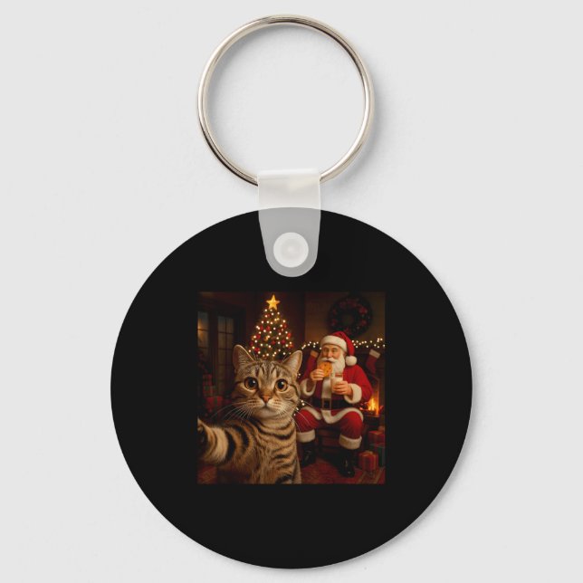 Funny Cat Selfie Santa Claus Eating Cookies Christ Keychain (Front)