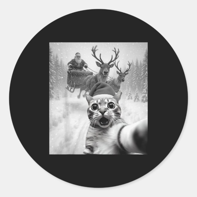 Funny Cat Selfie Santa Merry Christmas Xmas Pajama Classic Round Sticker (Front)