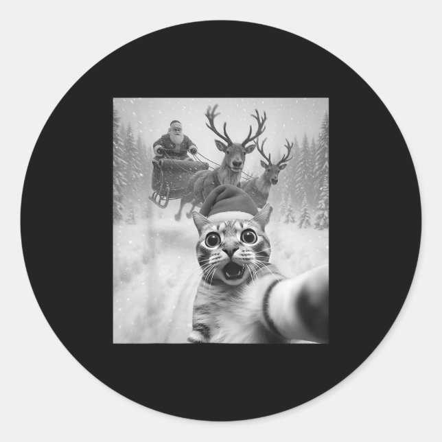 Funny Cat Selfie Santa Merry Christmas Xmas Pajama Classic Round Sticker (Front)