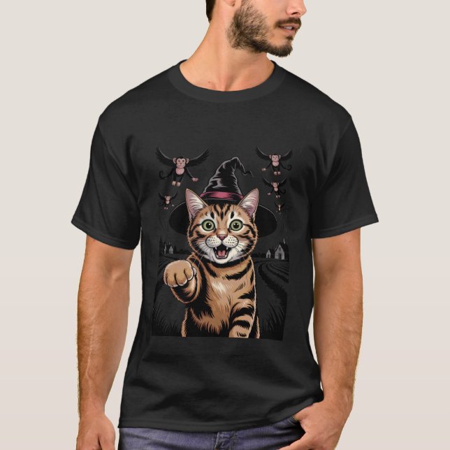 Funny CAT Selfie Witch Flying Monkeys Spooky Trick T-Shirt (Front)