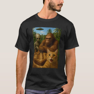 Funny Cat Selfie with a Bigfoot Playing Chess With T-Shirt