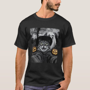 Funny Cat Selfie with a Witch & Ghost Scary Hallow T-Shirt