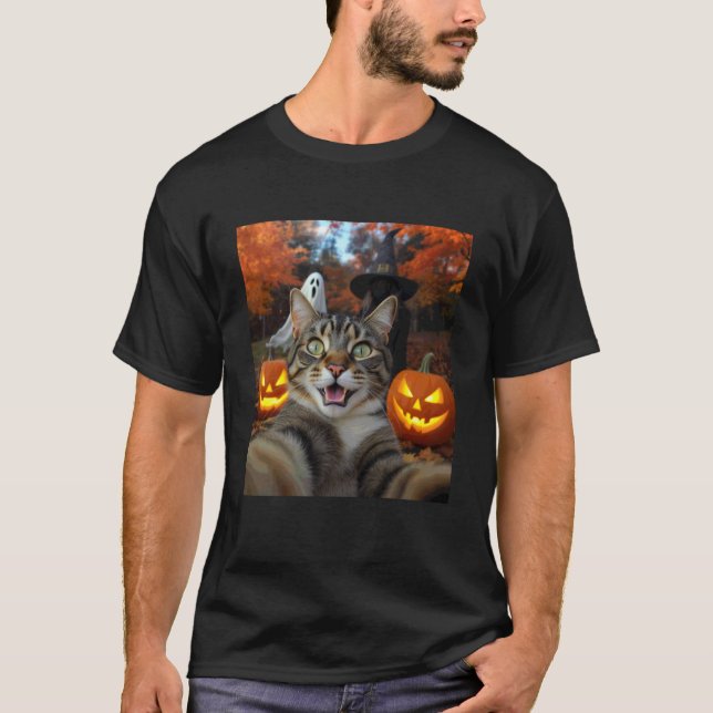 Funny Cat Selfie with a Witch & Ghost Scary Hallow T-Shirt (Front)