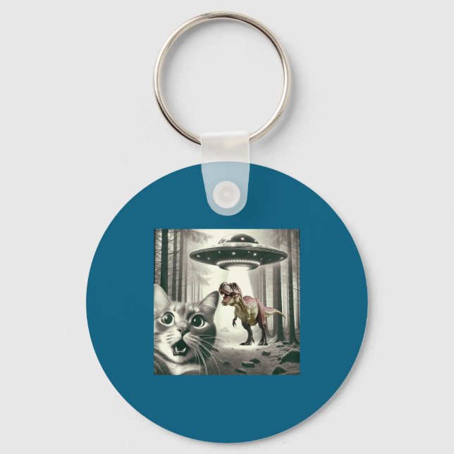 Funny Cat Selfie With Alien Ufo And T-rex Dinosaur Keychain (Front)