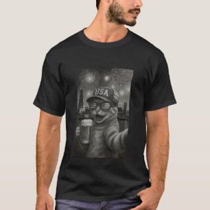 Funny Cat Selfie With Alien UFO Chicago 4th Of Jul T-Shirt