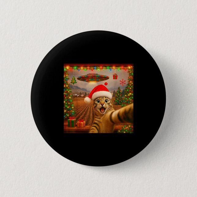 Funny Cat Selfie With Alien Ufo Christmas Lights S 2 Inch Round Button (Front)