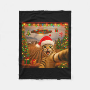 Funny Cat Selfie With Alien Ufo Christmas Lights S Fleece Blanket
