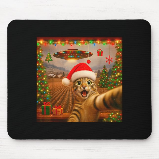 Funny Cat Selfie With Alien Ufo Christmas Lights S Mouse Pad (Front)