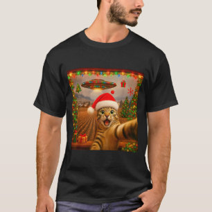 Funny Cat Selfie With Alien Ufo Christmas Lights S T-Shirt
