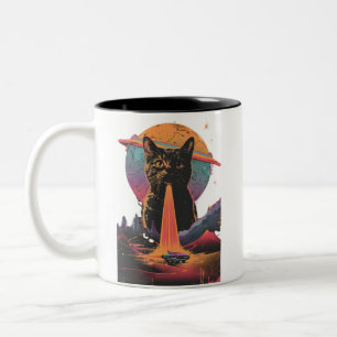 Funny Cat Selfie With Alien Vintage Ufo Cat Lovers Two-Tone Coffee Mug