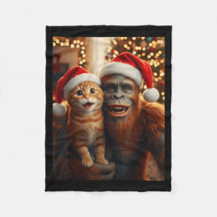 Funny Cat Selfie With Bigfoot Christmas Sasquatch Fleece Blanket