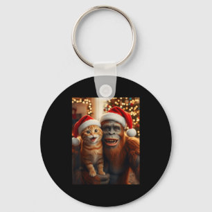 Funny Cat Selfie With Bigfoot Christmas Sasquatch Keychain