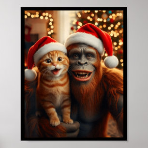 Funny Cat Selfie With Bigfoot Christmas Sasquatch Poster