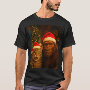 Funny Cat Selfie With Bigfoot Christmas Sasquatch  T-Shirt