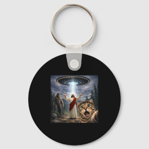 Funny cat selfie with bigfoot ufo and jesus easter keychain