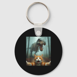 Funny Cat Selfie With Dinosaur Graphic For Men Wom Keychain