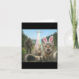 Funny cat selfie with easter bunny bigfoot ufo for card